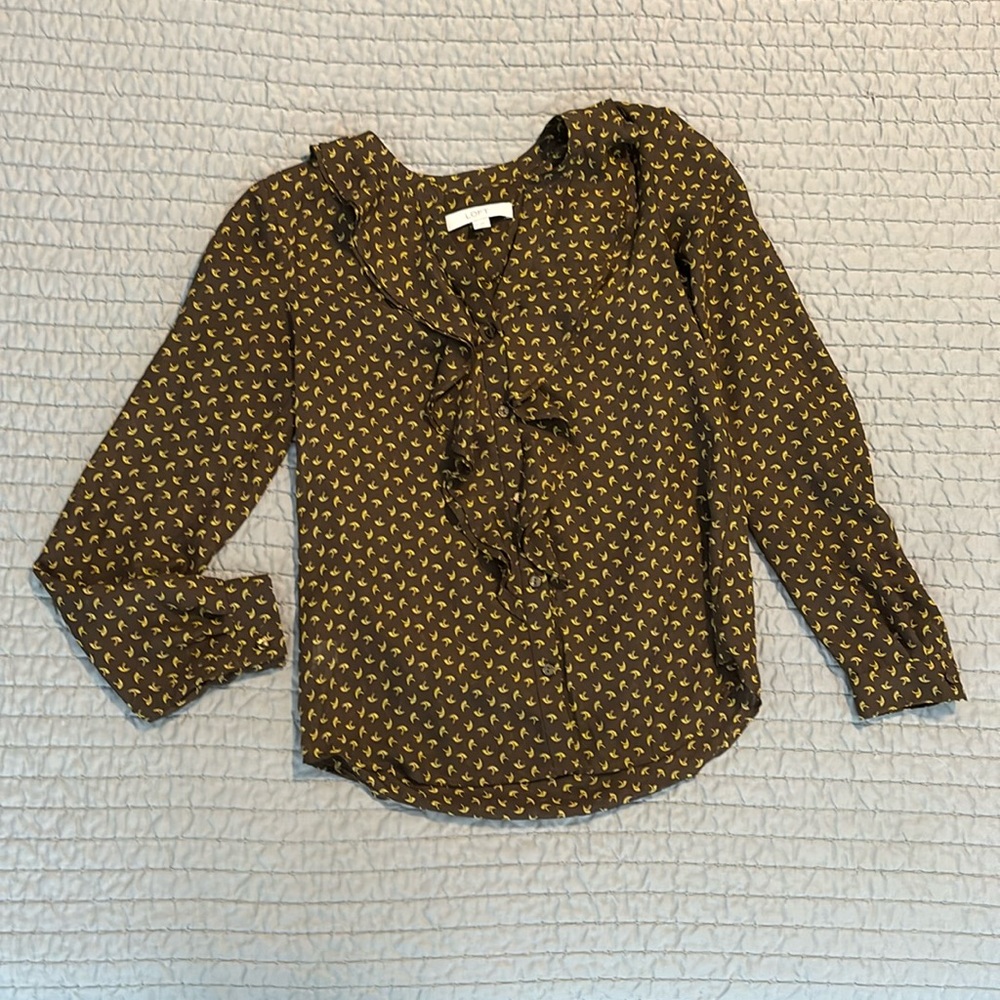 LOFT Ditsy Print Ruffle Front Blouse, XXS, EUC